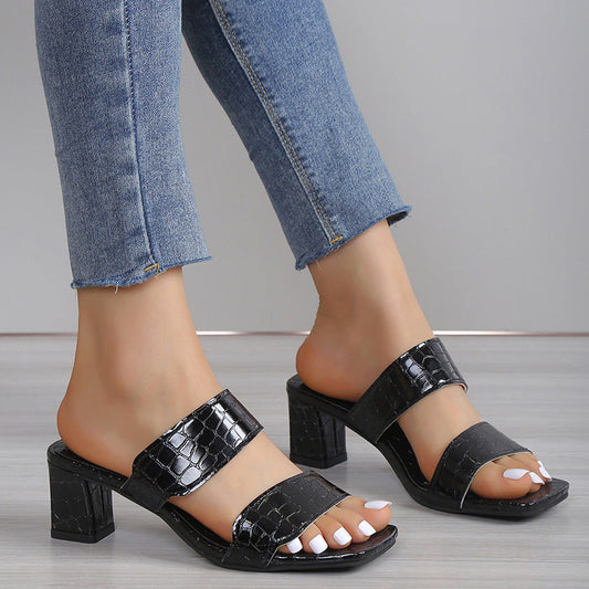 flowersverse Chunky Heel Open Toe Casual Slippers for Women: Summer Sandals with a Stone Pattern