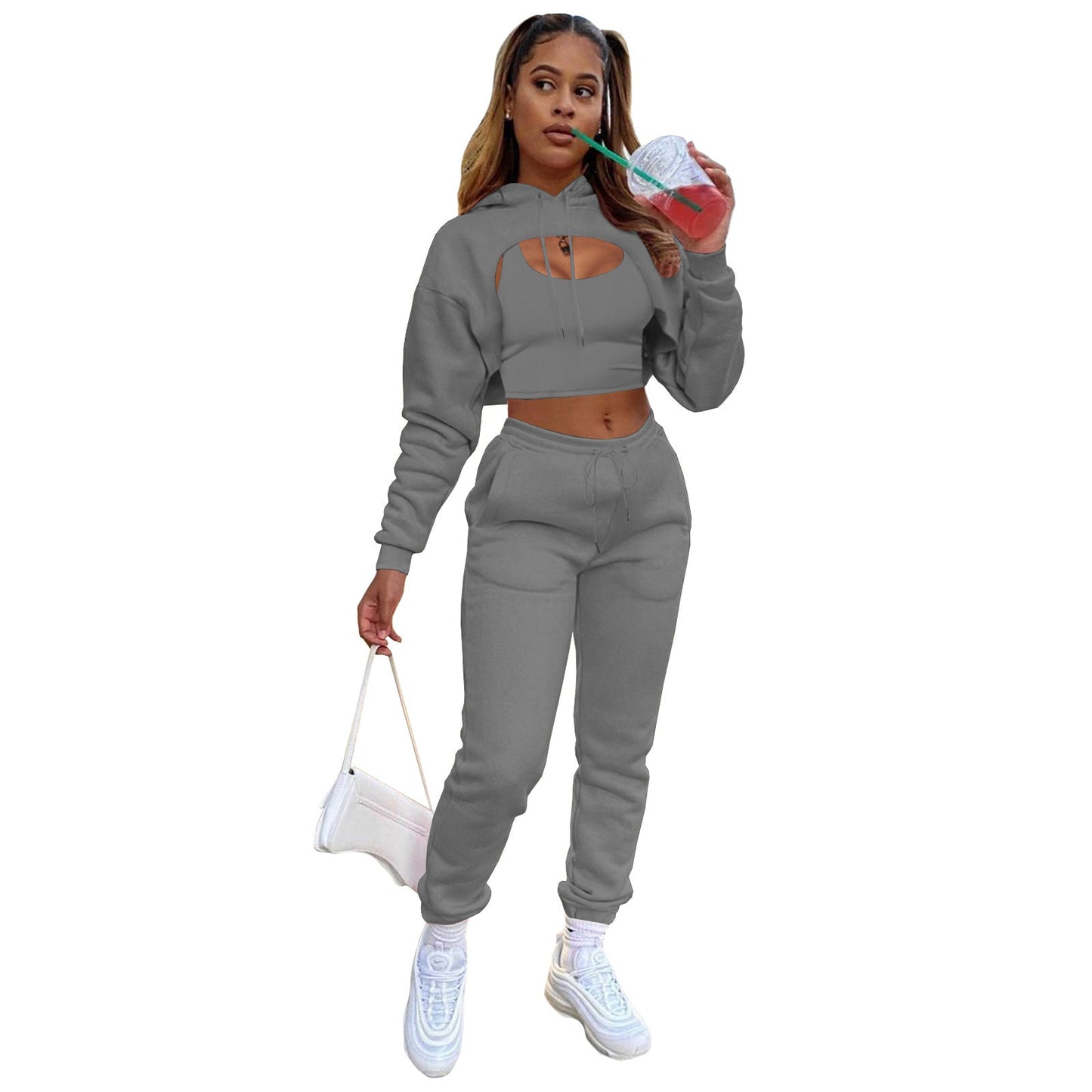 flowersverse Fashion Women's Plus Elegant Style Drawstring Hoodie Cotton Vest Jogger Pants Three-piece Wear