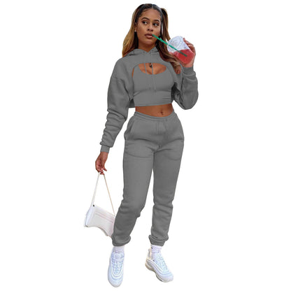 flowersverse Fashion Women's Plus Elegant Style Drawstring Hoodie Cotton Vest Jogger Pants Three-piece Wear