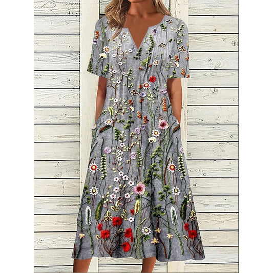 flowersverse Women's Casual Dress Summer Dress Print Dress Floral Pocket Print V Neck Midi Dress Active Fashion Outdoor Daily Short Sleeve Loose Fit Gray Spring Summer S M L XL XXL