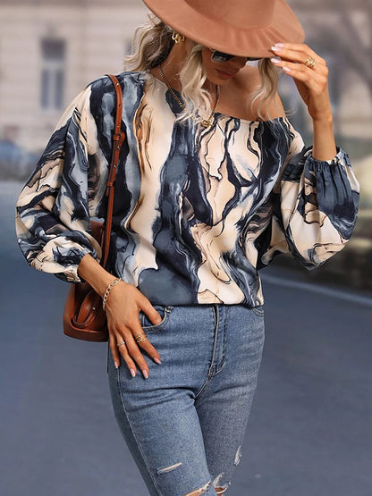 flowersverse Asymmetric Printed Long Sleeves Loose One-Shoulder Blouses&Shirts Tops