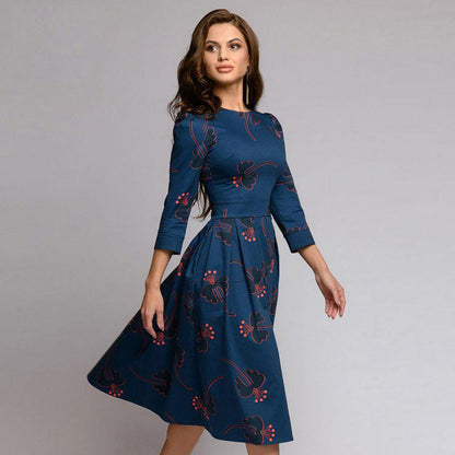 flowersverse Floral Pleated Round Neck Dress for Women