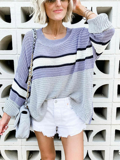 flowersverse Casual Loose Contrast Color Striped Round-Neck Sweater Tops