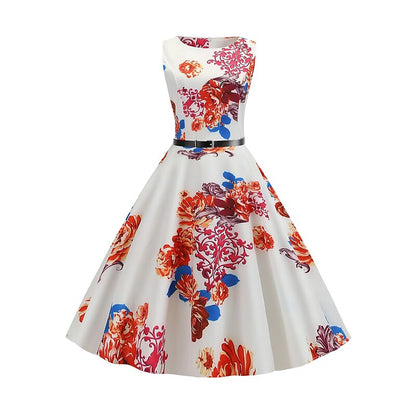 flowersverse Women's Elegant Retro Swing Dress Midi Dress Party Daily With Belt Print Floral Crew Neck Sleeveless Regular Fit Spring Summer  White Red S M L XL