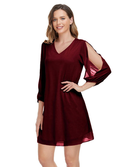 flowersverse Women's loose chiffon three-quarter split sleeves v-neck straight everyday dress elegant cocktail dress