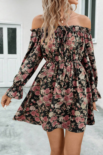 flowersverse Floral Off-Shoulder Flounce Sleeve Mini Dress