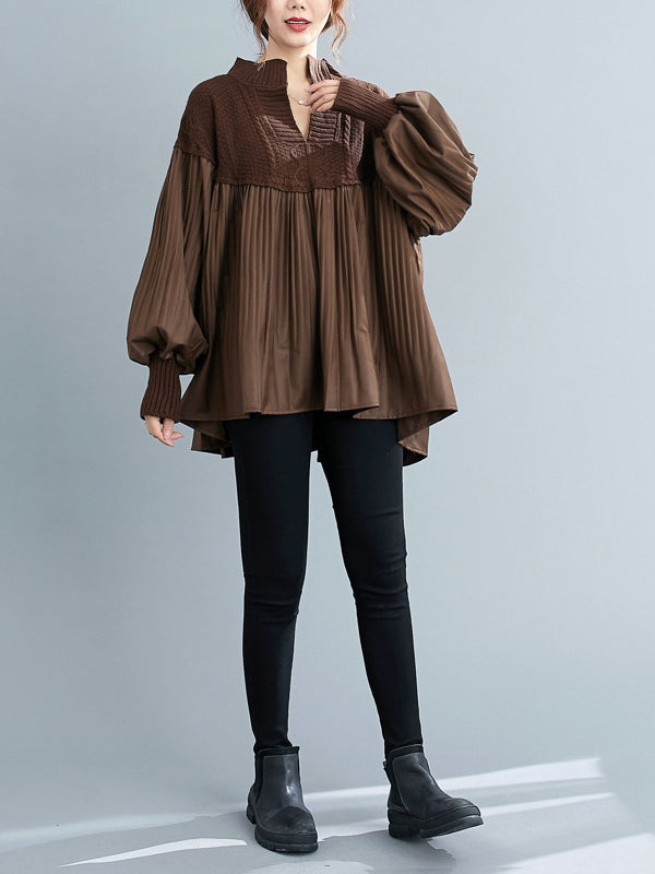 flowersverse Stylish Knitting Split-Joint Puff Sleeve Shirt Pullover Top