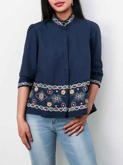 flowersverse Casual Loose High-Low Embroidered Stand Collar Blouses&Shirts Tops