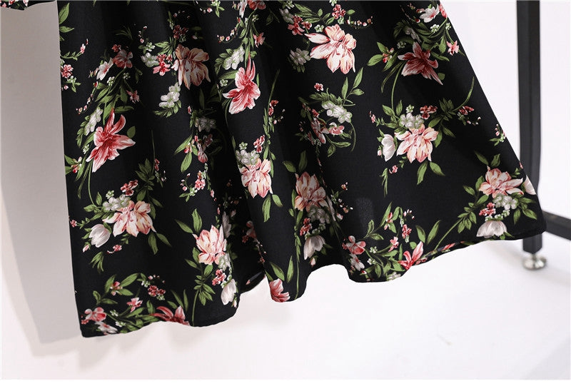 flowersverse Autumn Winter Ladies Chiffon High Elastic Waist Women Bow Aline Full Sleeve Flower Print Floral Party Dress Female Vestido