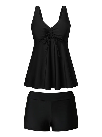 flowersverse Simple Plain Gathered V Neck Tankinis Two-Piece Set