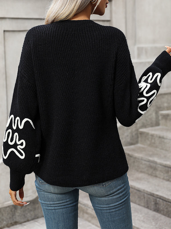 flowersverse Hollow Long Sleeves Loose Round-Neck Sweater Tops Pullovers Knitwear