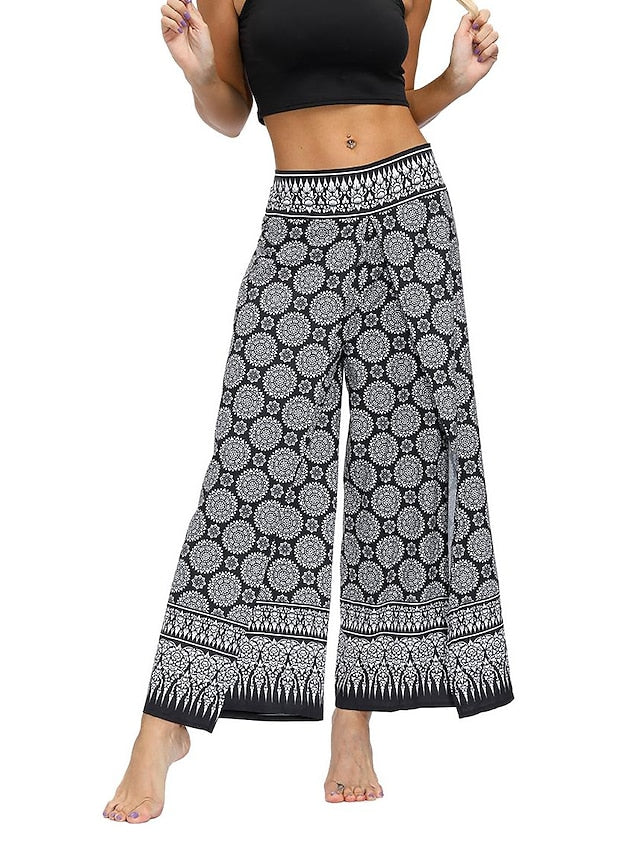 flowersverse Women's Harem Wide Leg Pants Trousers Light gray Gray Black High Waist Basic Boho Gym Yoga Layered High Cut Micro-elastic Full Length Comfort Pattern S L / Drop Crotch / Plus Size / Loose Fit / Print