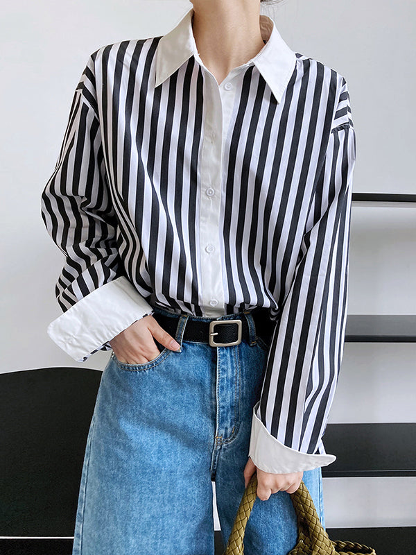 flowersverse Simple Long Sleeves Contrast Color Striped Lapel Blouse Top