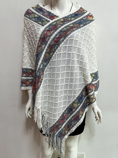 flowersverse Asymmetric Tasseled Loose V-Neck Shawl&Cloak Cape