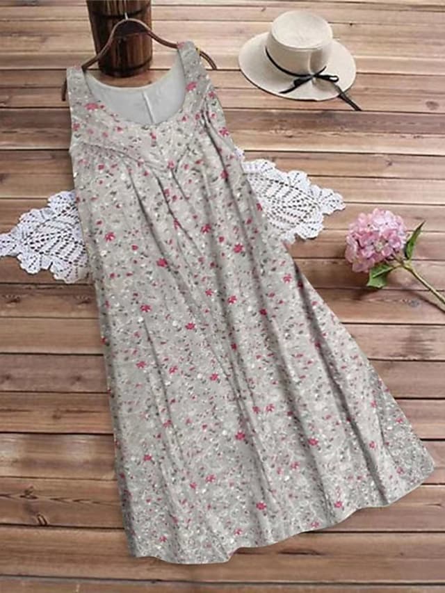 flowersverse Women's Plus Size Casual Dress Floral Crew Neck Print Sleeveless Spring Summer Casual Short Mini Dress Causal Daily Dress