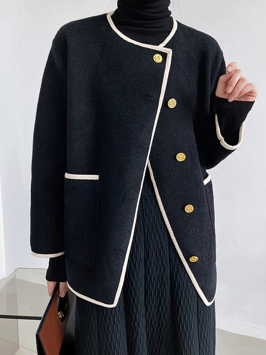 flowersverse Asymmetric Buttoned Pockets Split-Joint Long Sleeves Loose Round-Neck Woolen Coat