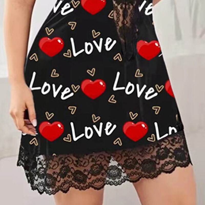 flowersverse Women's Plus Size Curve Black Dress Heart V Neck Lace Sleeveless Spring Summer Casual Sexy Short Mini Dress Causal Daily Dress / Print