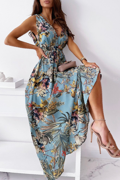 flowersverse Fashion Elegant Floral Split Joint V Neck A Line Dresses