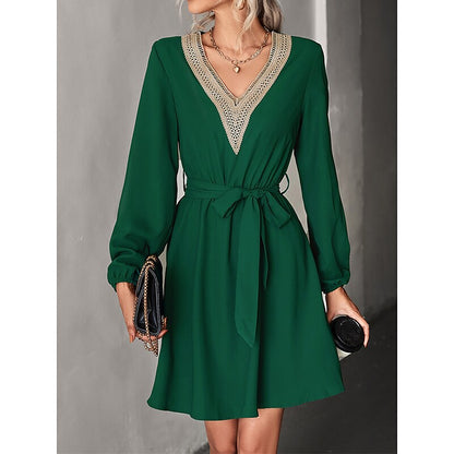 flowersverse Women's Work Dress Black Dress Semi Formal Dress Fashion Mini Dress Lace V Neck Long Sleeve Color Block Loose Fit Black Dark Green Fall Spring S M L XL