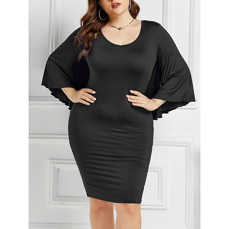 flowersverse Women's Plus Size Work Dress Bodycon Sheath Dress Solid Color Midi Dress 3/4 Length Sleeve Crew Neck Basic Office Black White Spring Summer L XL XXL 3XL