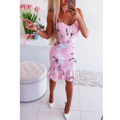 flowersverse Women Floral Print Strappy Midi Party Dress Ladies Slim Bandage Bodycon Summer Holiday Side Suspender Dress Sundress