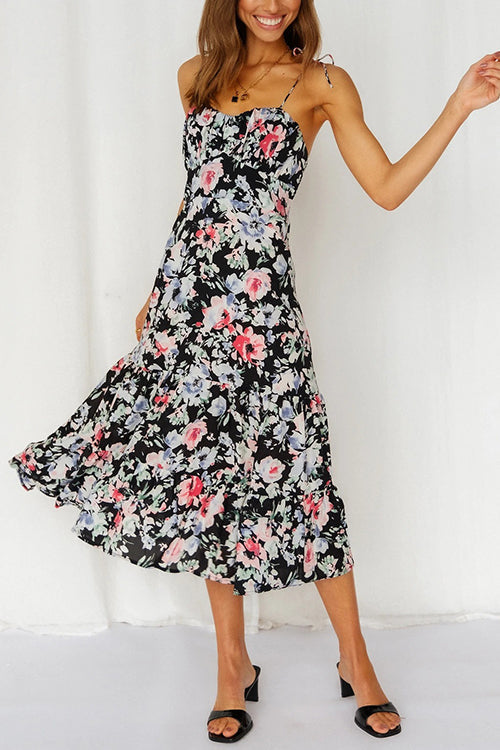 flowersverse Floral Tie Straps Ruffles Midi Dress