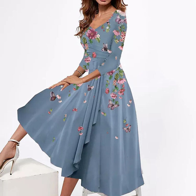 flowersverse Women's Sexy V-neck Loose Floral Print Mid-length Dresses