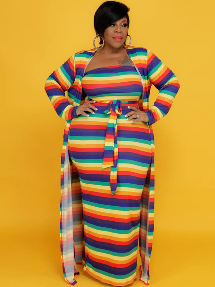 flowersverse Plus Size Two Piece Rainbow Open Front Cardigan Dresses Sets