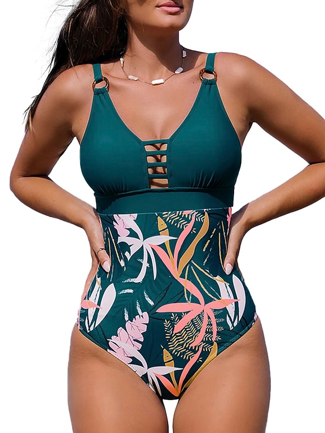 flowersverse Women's Swimwear One Piece Normal Swimsuit Printing Floral Yellow Green Bodysuit Bathing Suits Sports Beach Wear Summer