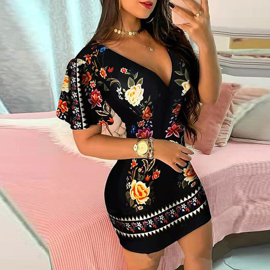 flowersverse Women's Bodycon Sheath Dress Mini Dress Black Short Sleeve Floral Print Spring Summer V Neck Stylish  S M L XL XXL