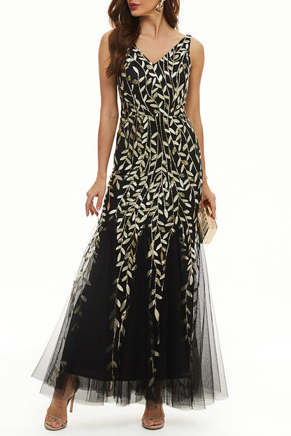 flowersverse Elegant Formal Patchwork Embroidered V Neck Evening Dress Dresses