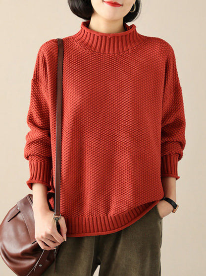 flowersverse Casual Loose Long Sleeves Solid Color High-Neck Sweater Tops