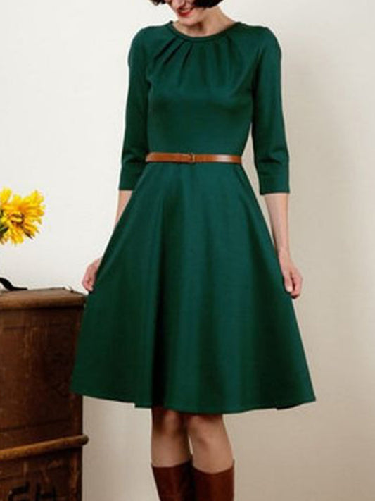 flowersverse Green Vintage Casual 3/4 Sleeve A-Line Weaving Dress