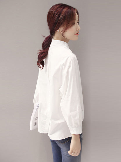 flowersverse Urban Stand Collar Solid Color Blouse Top