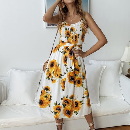 flowersverse Women Boho Floral Print Dress Summer Party Beach Sling Sundress