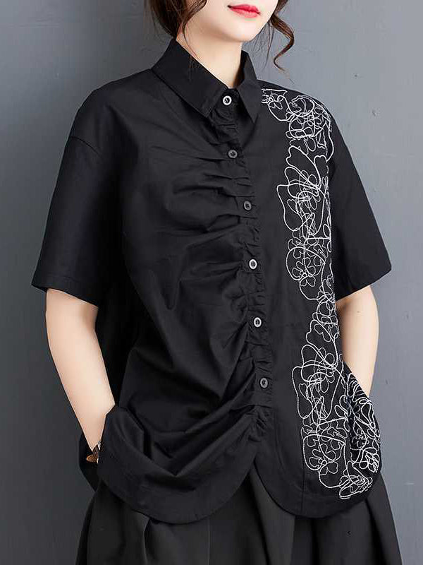 flowersverse Buttoned Embroidered Pleated Irregularity Loose Lapel Collar Blouses&Shirts Tops