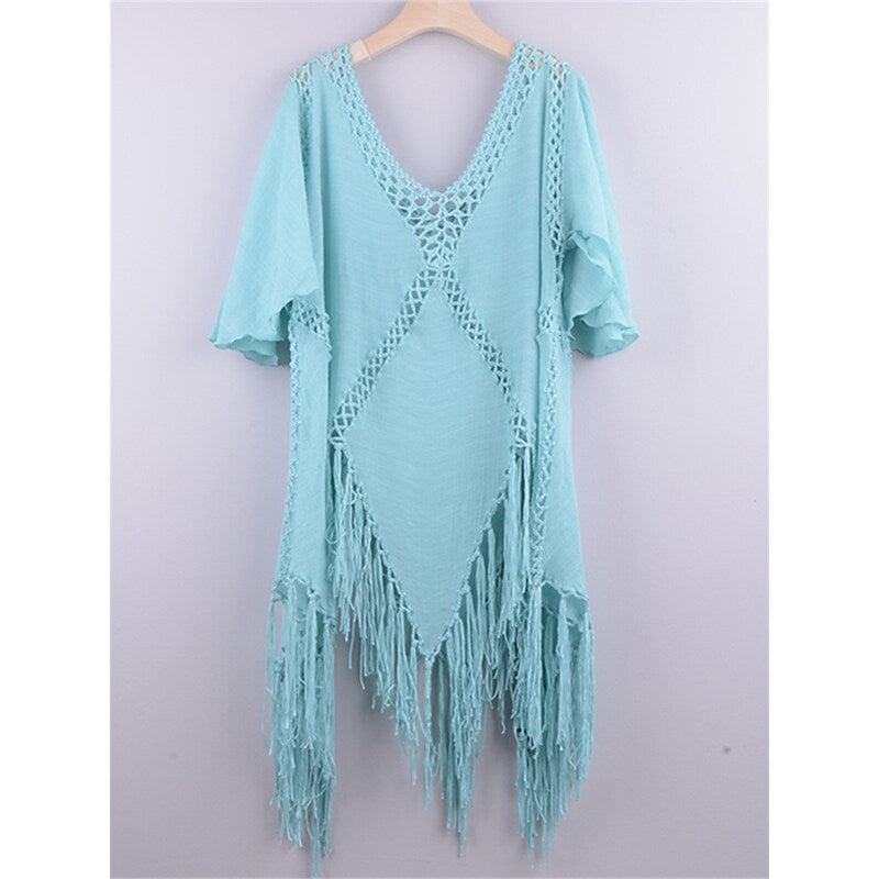 flowersverse Women's Cover Up Beach Dress Beach Wear Mini Dress Tassel Fringe Hollow Out Hot Casual Solid Color Deep V Short Sleeve Slim Vacation Going out Black Blue  Fall One Size