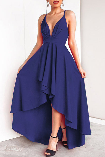 flowersverse Sexy Formal Solid Asymmetrical V Neck Dresses