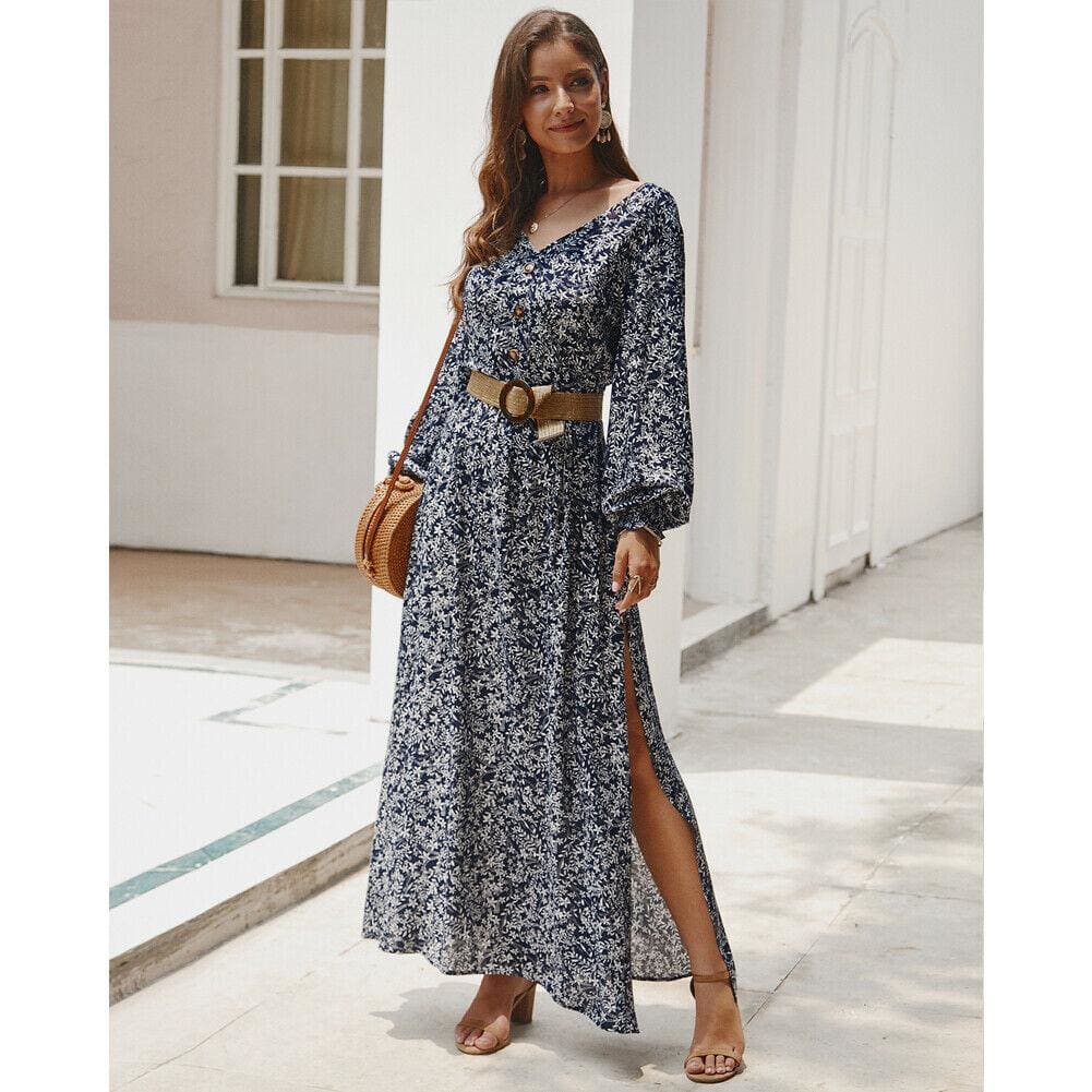 flowersverse Women Ladies Long Lantern Sleeve Autumn Dress Floral Autumn Pre-fall Holiday Buttons Maxi Dress