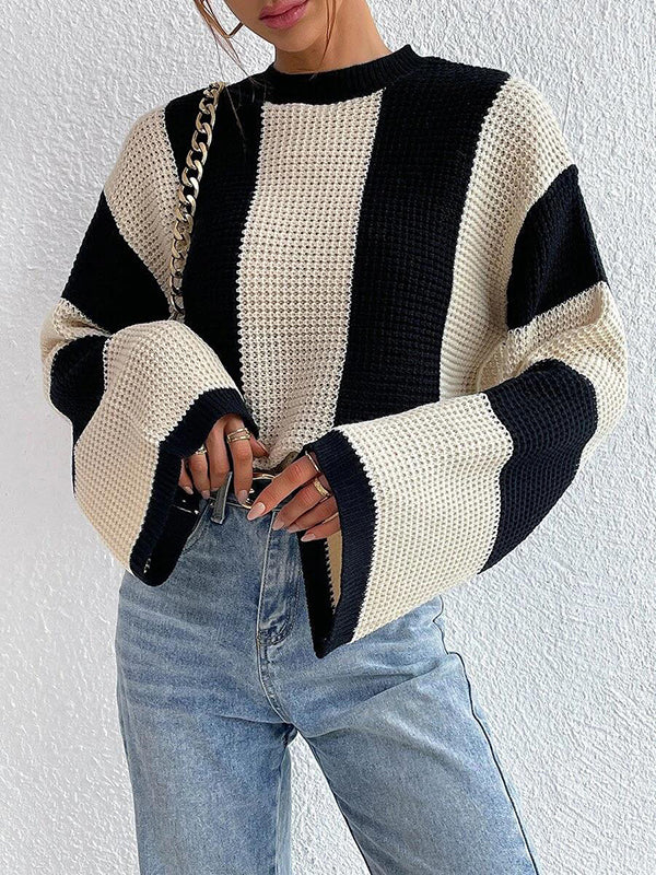 flowersverse Contrast Color Striped Flared Sleeves Round-Neck Sweater Tops Pullovers