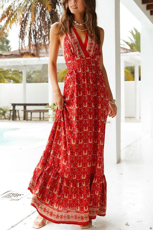 flowersverse Floral V Neck Halter Neck Backless Maxi Dress