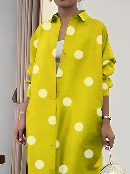 flowersverse Long Sleeves Loose Polka-Dot Split-Front Split-Side Lapel Maxi Dresses