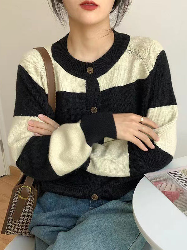 flowersverse Casual Buttoned Contrast Color Striped Cardigan Tops