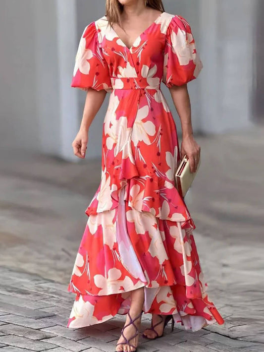 flowersverse Elegant V-Neck Printed Layered Dress