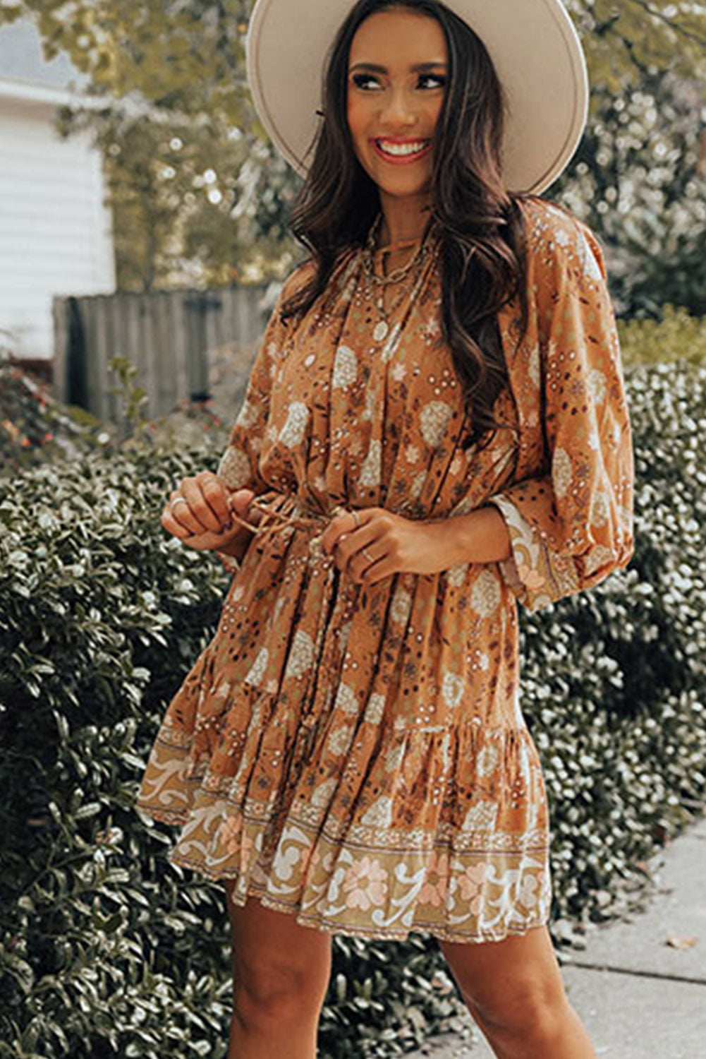 flowersverse Camel 3/4 Sleeve Tie-Waist Pleated Boho Floral Mini Dress