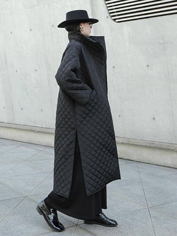 flowersverse Black Rhombic Split-Side High Collar Long Coat