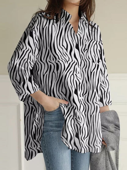 flowersverse Buttoned Pockets Split-Side Zebra-Stripe High-Low Long Sleeves Lapel Blouses&Shirts Tops