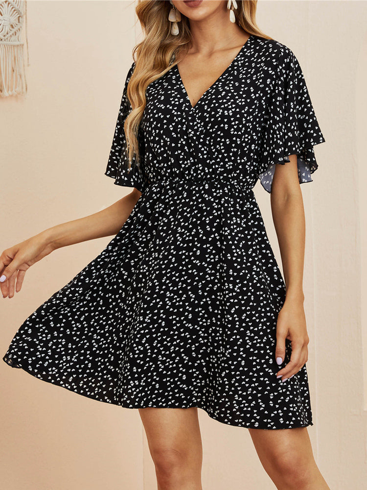 flowersverse Spring Summer Chiffon Dress Women V-Neck Love Dot Print Short Dresses Sweet Ruffle Sleeve Slim Ladies Drawstring Dress