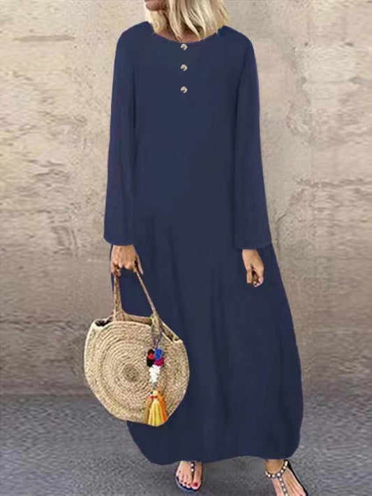 flowersverse Solid Colour Button Down Cotton Linen Long Sleeve Casual Dress