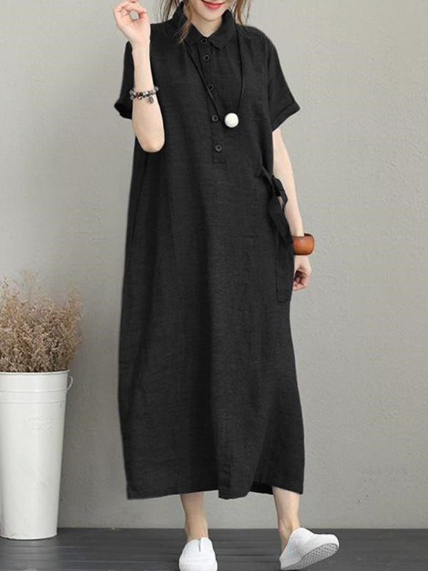 flowersverse Original Cotton-Blend Lapel Solid Color Dress